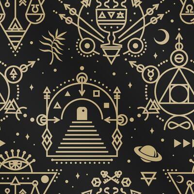 Gold esoteric seamless pattern, background. Vector. Thin line geometric pattern. Outline texture for alchemy, sacred geometry. Mystic magic design with philosopher stone, gate to another world