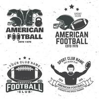 Set of american football or rugby club badge. Vector for shirt, logo, print, stamp, patch. Vintage design with american football sportsman player, helmet, ball and shoulder pads silhouette
