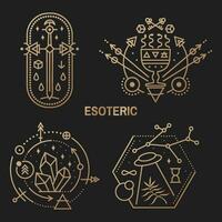 Gold esoteric symbols. Thin line geometric badge. Outline icon for alchemy or sacred geometry. Mystic and magic design with crystals, sun, ufo flying, star, old sword, cup with snakes and moon vector