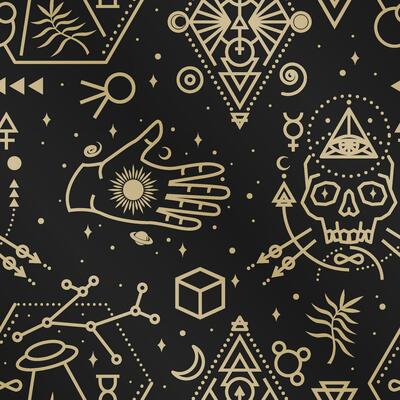Gold esoteric seamless pattern, background. Vector. Thin line geometric pattern. Outline texture for alchemy or sacred geometry. Mystic and magic design with philosopher stone, skull