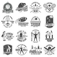 Set of american football, fitness, basketball, cricket, tennis, baseball club badge. Vector for shirt, logo, print, stamp. Vintage design with sportsman player, helmet, ball silhouette