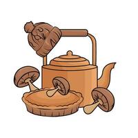 teapot, beanie with pie illustration vector