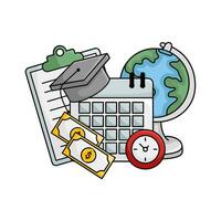 toga hat graduation in calendar, money, clock time, document with globe illustration vector