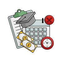 toga hat graduation in calendar, money, clock time, cross in button with document illustration vector