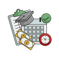 toga hat graduation in calendar, money, clock time, check list in button with document illustration vector