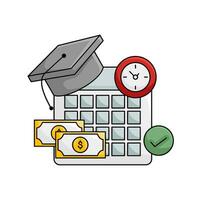 toga hat graduation in calendar, clock time, money with check list illustration vector