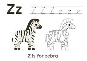 Tracing alphabet letters with cute animals. Color cute zebra. Trace letter Z. vector