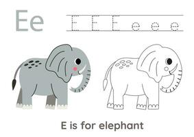 Tracing alphabet letters with cute animals. Color cute elephant. Trace letter E. vector