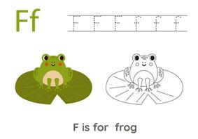 Tracing alphabet letters with cute animals. Color cute frog. Trace letter F. vector