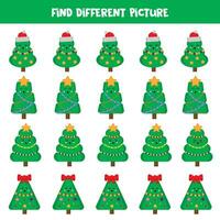 Find different Christmas tree in each row. Logical game for preschool kids. vector