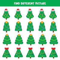 Find different Christmas tree in each row. Logical game for preschool kids. vector