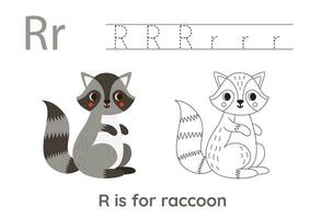 Tracing alphabet letters with cute animals. Color cute raccoon. Trace letter R. vector