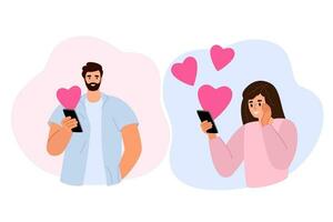 Man and woman write love messages on the phone. Concept of love, hearts, happiness, Valentine's Day, family. Vector illustration.