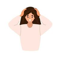 Girl holding hands on her head. Scared or shocked women expression. Emotional stress. Vector illustration.