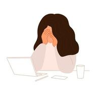 Sad anxious girl with laptop, reading bad news, message in internet. Negative emotion. Flat vector illustration isolated on white background.