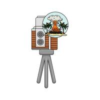 camera photo in tripod with picture volcano illustration vector