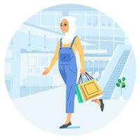 Happiness joyful shopaholic stylish fashionable hijab muslim woman at retail mall store carrying shopping bags vector