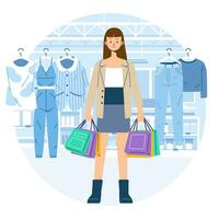 Young happiness joyful shopaholic stylish fashionable woman at retail mall store carrying shopping bags vector