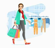 Young happiness joyful shopaholic stylish fashionable woman at retail mall store carrying shopping bags vector