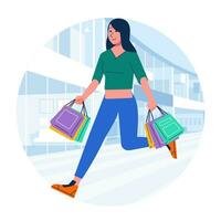 joven felicidad alegre adicto a las compras elegante de moda mujer a Al por menor centro comercial Tienda que lleva compras pantalones vector