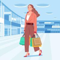 Young happiness joyful shopaholic stylish fashionable woman at retail mall store carrying shopping bags vector