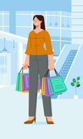 Young happiness joyful shopaholic stylish fashionable woman at retail mall store carrying shopping bags vector