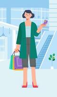 Young happiness joyful shopaholic stylish fashionable woman at retail mall store carrying shopping bags vector