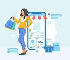 mujer felicidad alegre elegante con compras pantalones compra paga en línea Tienda móvil aplicación vector