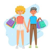 Happiness joyful shopaholic stylish fashionable couple at retail mall store carrying shopping bags vector