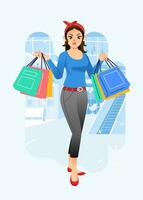 Young happiness joyful shopaholic stylish fashionable woman at retail mall store carrying shopping bags vector