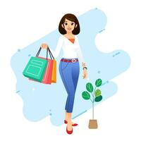 Young happiness joyful shopaholic stylish fashionable woman at retail mall store carrying shopping bags vector