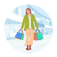 Young happiness joyful shopaholic stylish fashionable woman at retail mall store carrying shopping bags vector