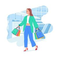 Young happiness joyful shopaholic stylish fashionable woman at retail mall store carrying shopping bags vector