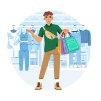 Young happiness joyful shopaholic stylish fashionable man at retail mall store carrying shopping bags vector