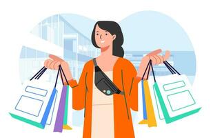 Young happiness joyful shopaholic stylish fashionable woman at retail mall store carrying shopping bags vector