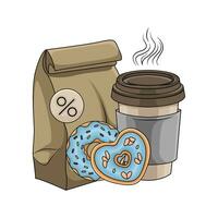 packaging, donut with cup coffee drink illustration vector