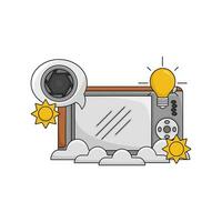 camera photo, brightnes, lamp with shooter in speech bubble illustration vector