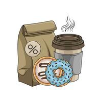 packaging, donut with cup coffee drink illustration vector