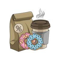 packaging, donut with cup coffee drink illustration vector