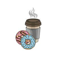 sweet donut with cup coffee drink illustration vector