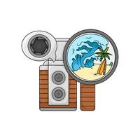 camera photo, picture beach with shooter in speech bubble illustration vector