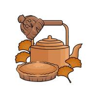 teapot, beanie with pie illustration vector