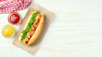 Homemade Hot Dog with mustard, ketchup, tomato and fresh salad leaves on white wooden background photo