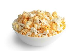 Tasty cheese popcorn in bowl isolated on white background close up photo