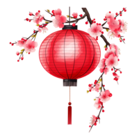 ai généré chinois rouge lanterne pendaison sur Cerise fleur branche png