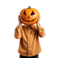 AI generated Cute child holding a Halloween pumpkin over their on transparent background png