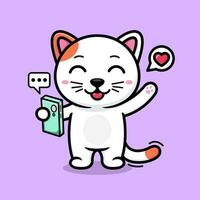 cute cartoon cat, replying to messages on cell phone. vector