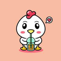 cute chicken cartoon, drinking boba. vector