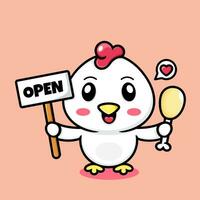 linda pollo dibujos animados, que lleva pollo muslos y un tablero diciendo abierto. vector