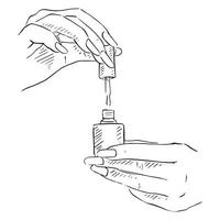 Line drawn hands holding a nail varnish. Shaded with lines and drawn by hand. vector